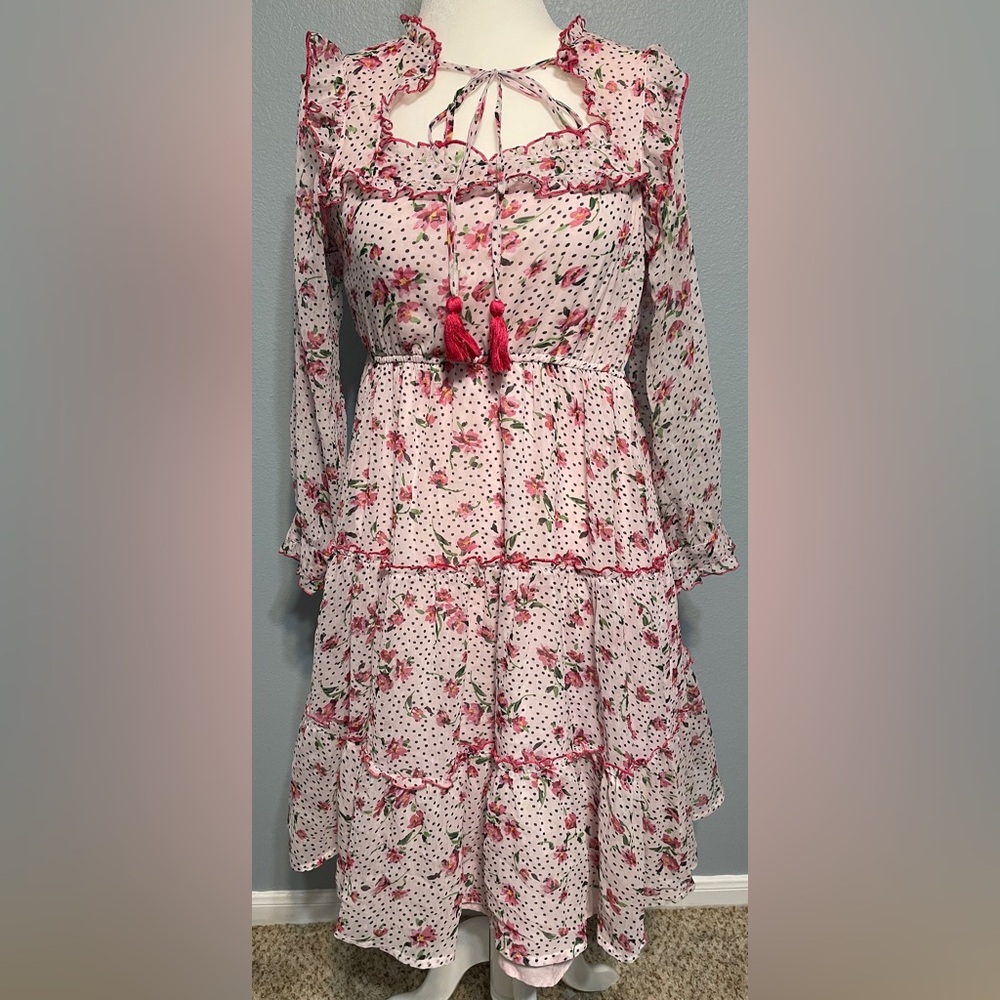 Antheaa Pink Floral Swiss Dot Midi Dress Ruffle Trim Tassel Tie Cottagecore XL - Picture 4 of 12